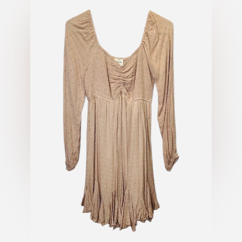 Peach Love California Smocked Neutral Beige Boho Midi Dress Long Sleeve Medium